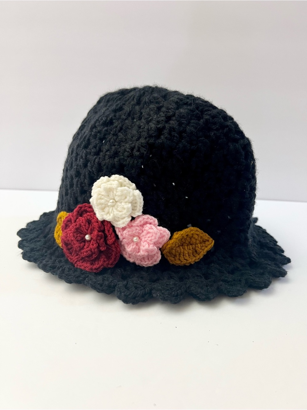 Black Crochet Bucket Style Hat w/ Crochet Leaves and Flowers w/ Pearl Centers